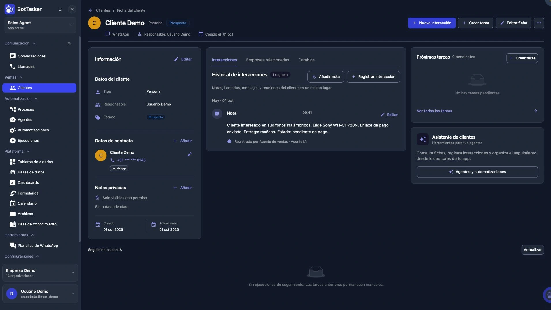 Customers & sales · BotTasker · Actual product screens · Sample data