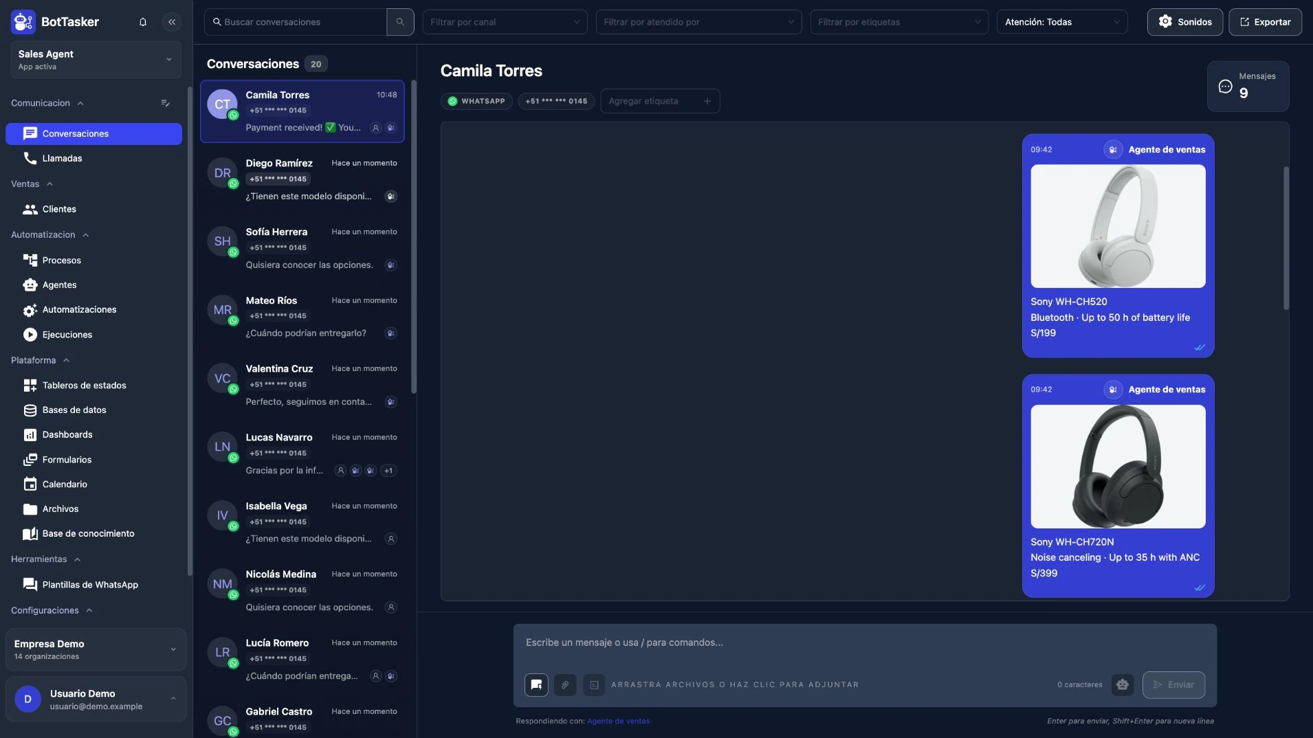 Conversations · BotTasker · Actual product screens · Sample data